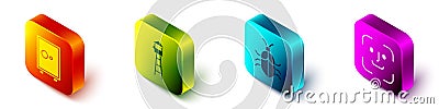 Set Isometric Safe, Watch tower, System bug concept and Face recognition icon. Vector Vector Illustration