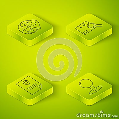 Set Isometric Search package, Document tracking marker system, Push pin and Location on the globe icon. Vector Vector Illustration