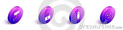 Set Isometric Security camera, Lock, Bullet and Face recognition icon. Vector Vector Illustration