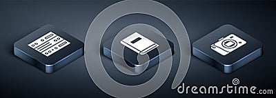 Set Isometric Server, Data, Web Hosting, Mirrorless camera and User manual icon. Vector Vector Illustration