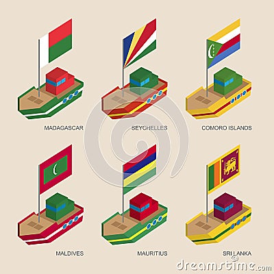 Set of isometric ships with flags of Asian countries Vector Illustration