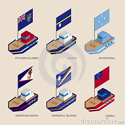 Set of isometric ships with flags of countries in Oceania Vector Illustration