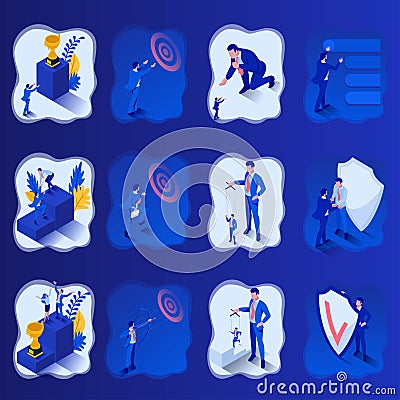 Set Isometric small concept control a puppet, protection the shield, aiming the target, start right now. To create web Vector Illustration