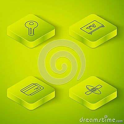 Set Isometric Smart Tv, Credit card, Kayak or canoe and Key icon. Vector Vector Illustration