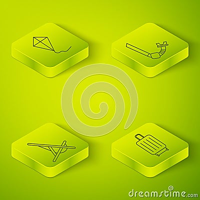 Set Isometric Snorkel, Sunbed, Suitcase and Kite icon. Vector Stock Photo