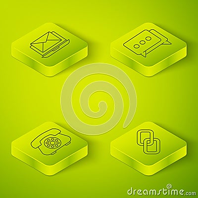 Set Isometric Speech bubble chat, Telephone, Chain link and Laptop with envelope icon. Vector Vector Illustration