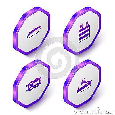 Set Isometric Speedboat, Striped sailor t-shirt, Nautical rope knots and icon. Purple hexagon button. Vector Vector Illustration