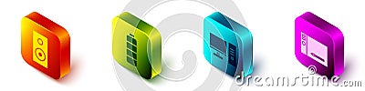 Set Isometric Stereo speaker, Battery charge level indicator, Computer monitor and Graphic tablet icon. Vector Vector Illustration