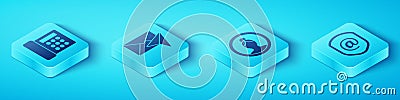 Set Isometric Telephone, Envelope, Shield with mail and e-mail and Create account screen icon. Vector Vector Illustration