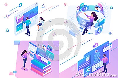 Set isometric on the topic of online training, information security, data Analytics. For website and mobile website development Vector Illustration
