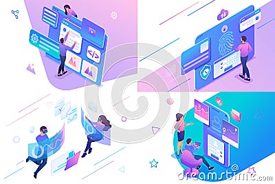 Set isometric on the topic of web design, information security, mobile application testing, alternative reality. For website and Vector Illustration