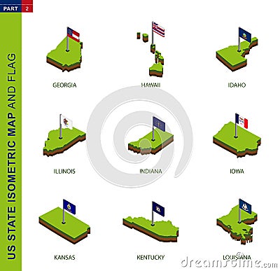 Set of 9 isometric US state maps and flags, 3D vector isometric shape Vector Illustration