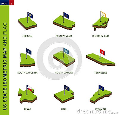 Set of 9 isometric US state maps and flags, 3D vector isometric shape Vector Illustration