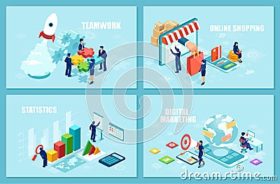 Set of isometric vector design templates for online shopping, startup strategy and financial analytics Stock Photo