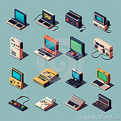 Set of isometric video game icons. Laptop, computer, joystick, video game console, video game console, joystick. Stock Photo