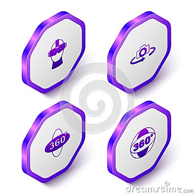 Set Isometric Virtual reality glasses, 360 degree view, and icon. Purple hexagon button. Vector Vector Illustration