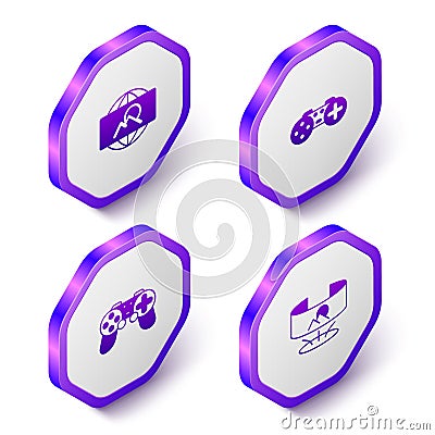 Set Isometric Wide angle picture, Gamepad, and 360 degree view icon. Purple hexagon button. Vector Vector Illustration