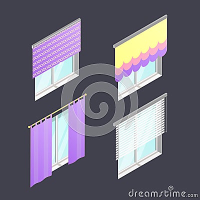 Set of 4 isometric windows with different curtains Vector Illustration