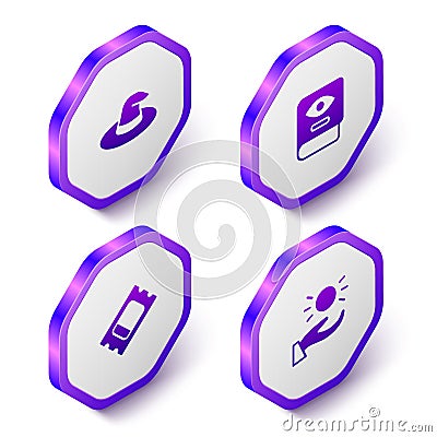 Set Isometric Witch hat, Ancient magic book, Circus ticket and Ball levitating above hand icon. Purple hexagon button Vector Illustration