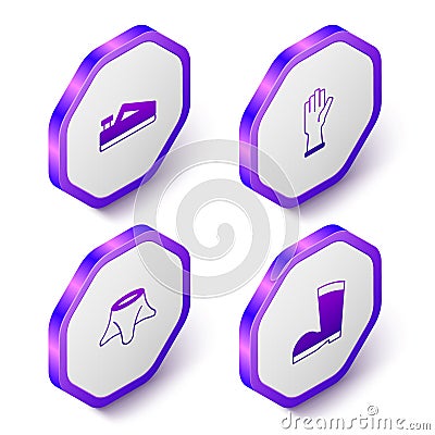 Set Isometric Wood plane tool, Protective gloves, Tree stump and Waterproof rubber boot icon. Purple hexagon button Stock Photo