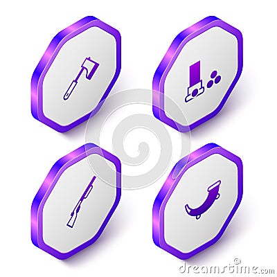 Set Isometric Wooden axe, Cartridges, Hunting gun and horn icon. Purple hexagon button. Vector Vector Illustration