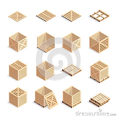 Set of isometric wooden boxes and pallets. Vector Illustration