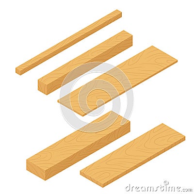 Set of isometric wooden planks, stack of bars and lumber beam, pile of wooden logs timber. Planks for construction Vector Illustration