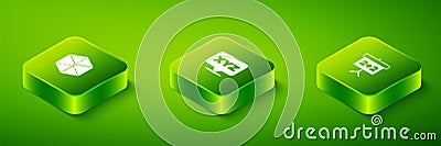 Set Isometric XYZ Coordinate system, Chalkboard and Geometric figure Cube icon. Vector Stock Photo