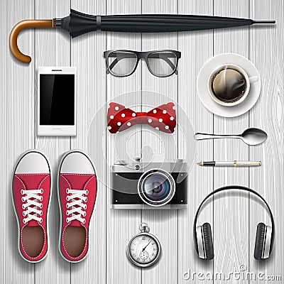 Set of items and accessories for the student and hipster. Lying Vector Illustration