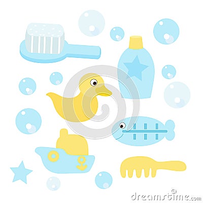 Set of items for baby bathing. Soft comb, shampoo, a thermometer for water, a rubber duck, a boat and soap bubbles. Vector Illustration