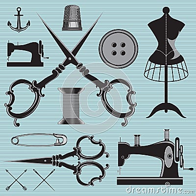 Set of items and equipment to topics tailor, clothing, repair Vector Illustration
