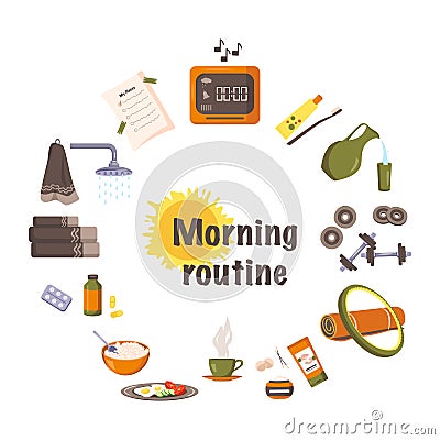 Set items for morning routine Vector Illustration