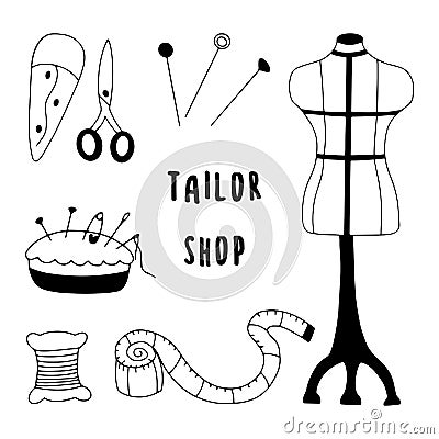 Set of elements for sewing clothes. Vector doodle collection Vector Illustration