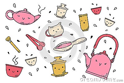 Set of items for traditional oriental tea drinking. Doodle style. Kawaii character Vector Illustration
