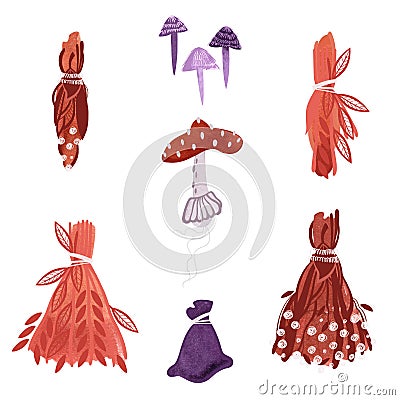 A set of items for witchcraft rituals: red, yellowed, withered dried flowers and herbs, bunches of herbs, brooms of flowers and Cartoon Illustration