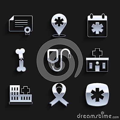 Set IV bag, Awareness ribbon, Emergency - Star of Life, Hospital building, Human broken bone, Doctor appointment and Stock Photo