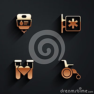 Set IV bag, Emergency - Star of Life, Test tube with blood and Wheelchair for disabled person icon with long shadow Vector Illustration