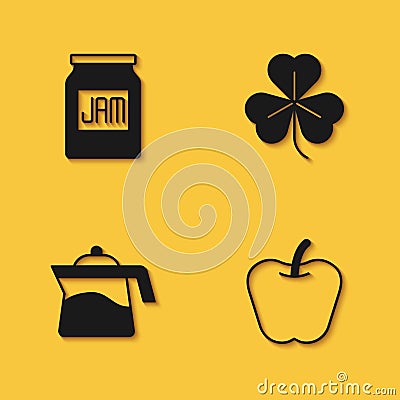 Set Jam jar, Apple, Teapot and Clover icon with long shadow. Vector Vector Illustration