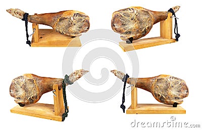 Set Jamon serrano. A Spanish ham isolated on white background. Traditional spanish jamon serrano leg isolated. Dry cured meat ham Stock Photo