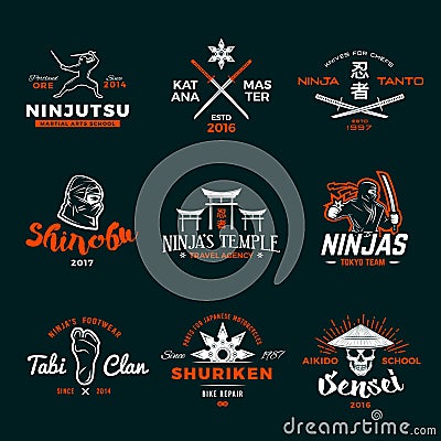 Set of Japan Ninja Logo. Ninjato sword insignia design. Vintage shuriken badge. Mixed martial art tournament t-shirt Vector Illustration