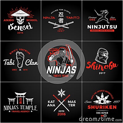 Set of Japan Ninjas Logo. Katana weapon insignia design. Vintage ninja mascot badge. Martial art Team t-shirt Vector Illustration