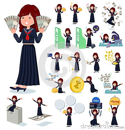 A set of japan school girl with concerning money and economy Vector Illustration