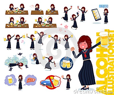 A set of japan school girl related to alcohol. Vector Illustration