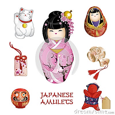 A set of Japanese amulets, tourist souvenirs. Vector Illustration