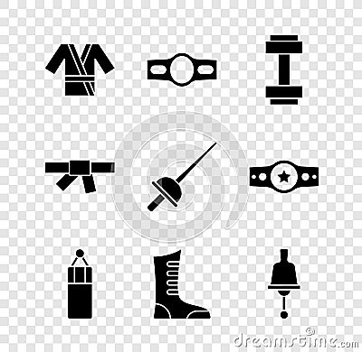 Set Japanese costume Kimono, Boxing belt, Dumbbell, Punching bag, Sport boxing shoes, Ringing, Black karate and Fencing Vector Illustration