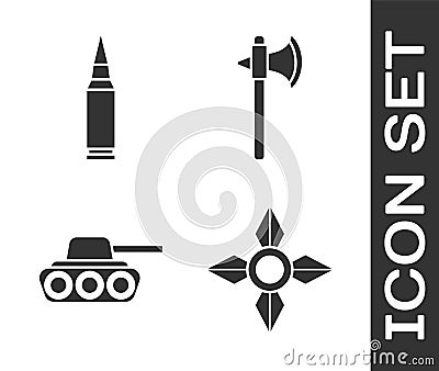 Set Japanese ninja shuriken, Bullet, Military tank and Medieval axe icon. Vector Vector Illustration