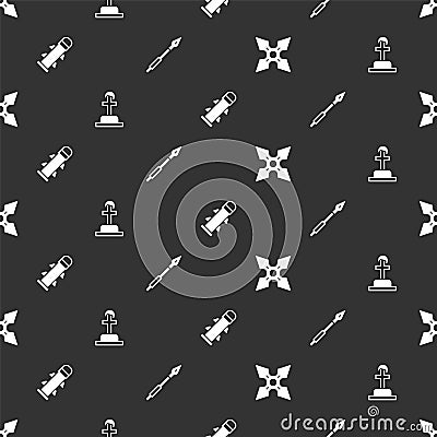 Set Japanese ninja shuriken, Soldier grave, Rocket and Medieval spear on seamless pattern. Vector Vector Illustration