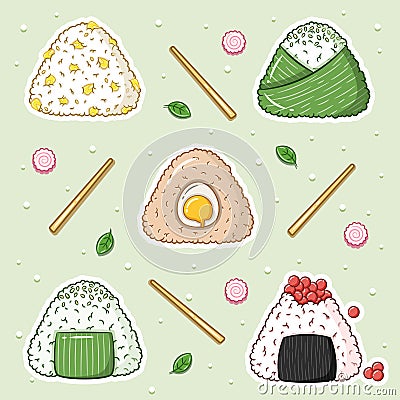 set of Japanese Onigiri rice cute drawing stickers Vector Illustration