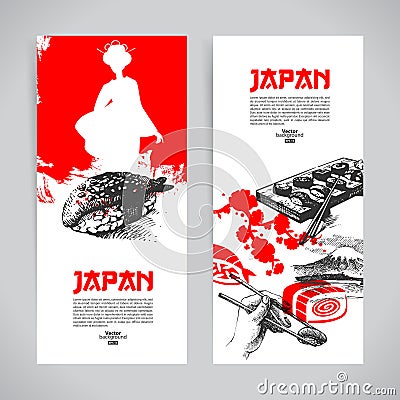 Set of Japanese sushi banners. Hand darwn sketch illustrations Cartoon Illustration