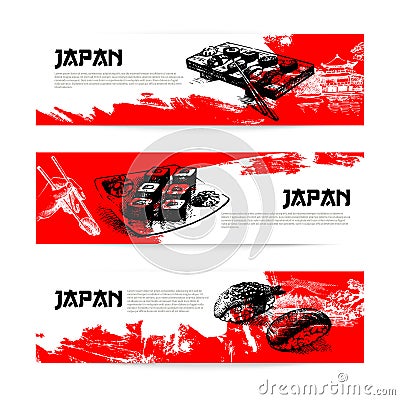 Set of Japanese sushi banners. Sketch illustrations Vector Illustration